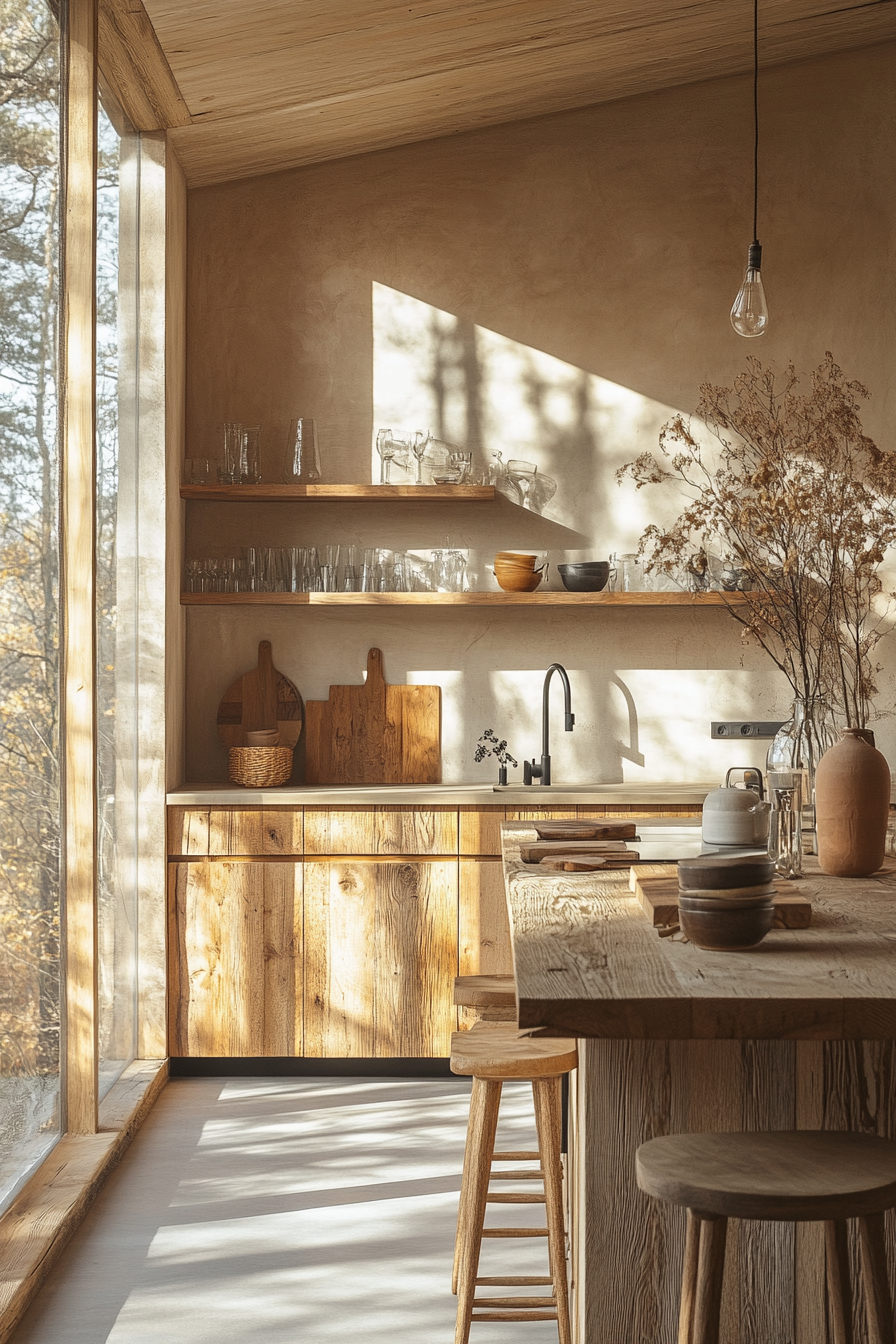 Functional minimalism cabin kitchen with streamlined furniture and cabinets.