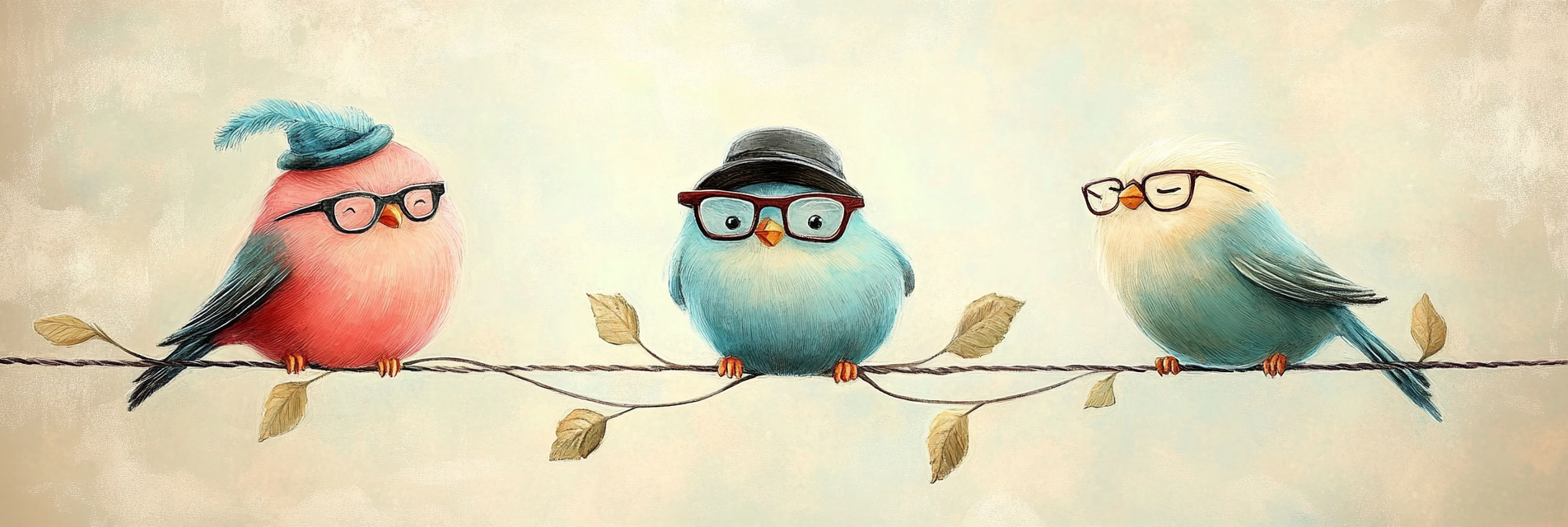 Funny birds with glasses and hats on wire.