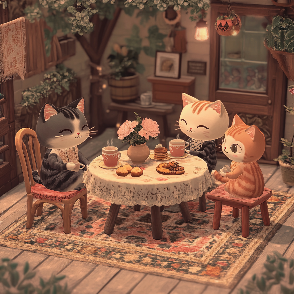 Funny cats coffee shop meeting. Cozy atmosphere.