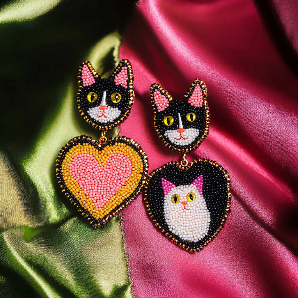 Funny heart and cat earrings in dadaism style.