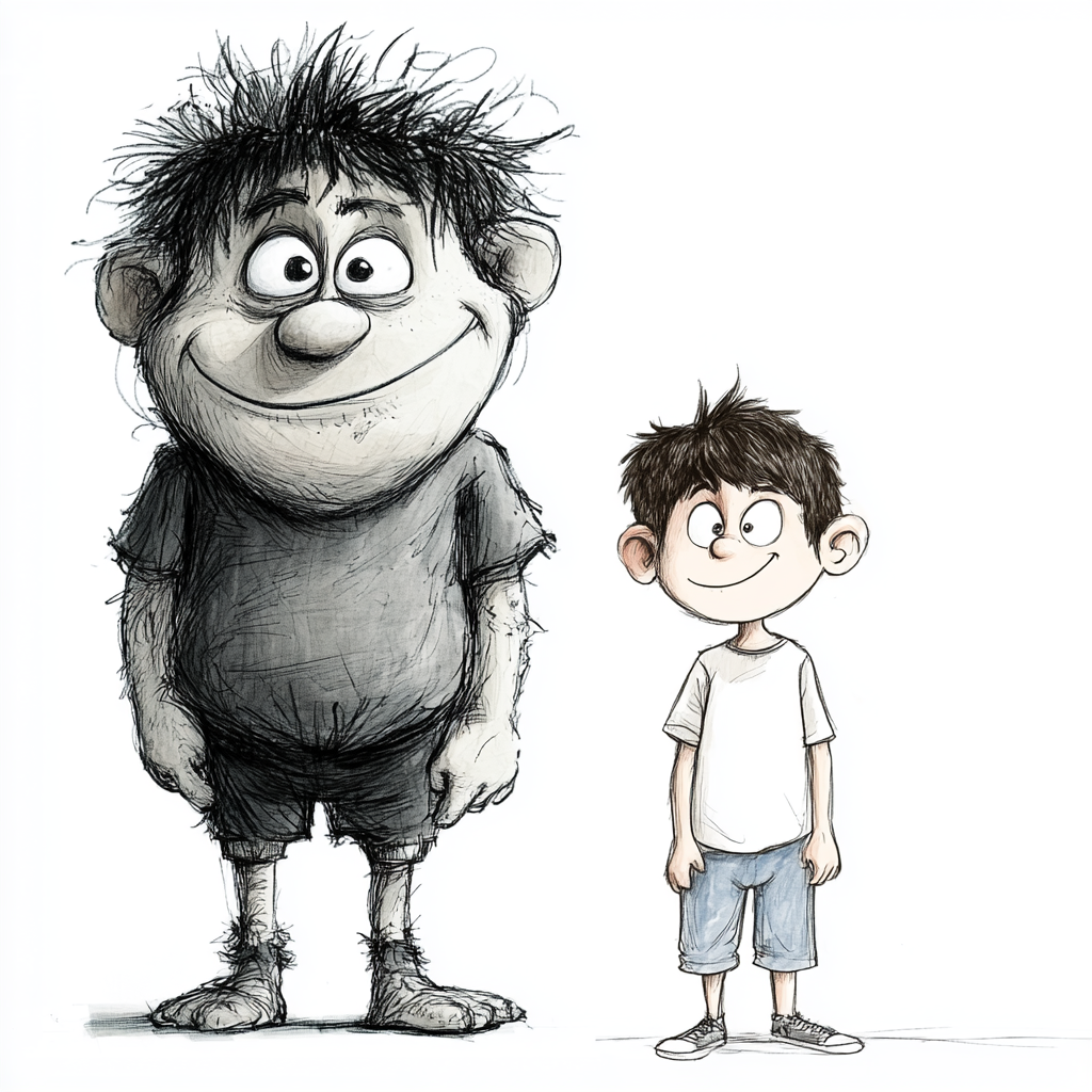 Funny troll drawing next to 8-year-old kid. White background.