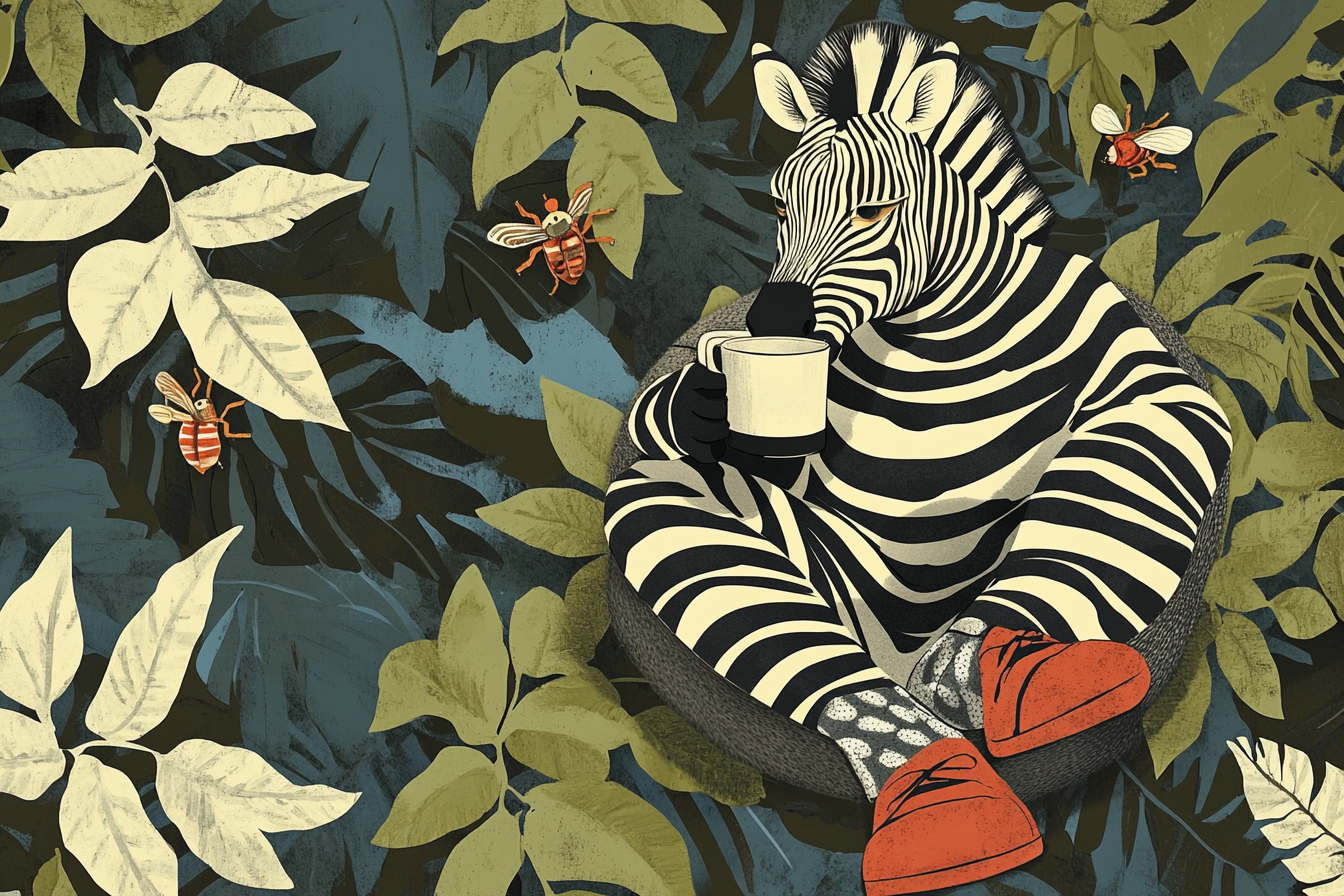 Funny zebra drinking coffee on leaves with insects.