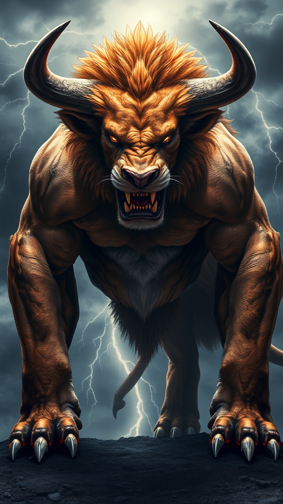 Furious Lion-Bull Hybrid in Stormy Sky