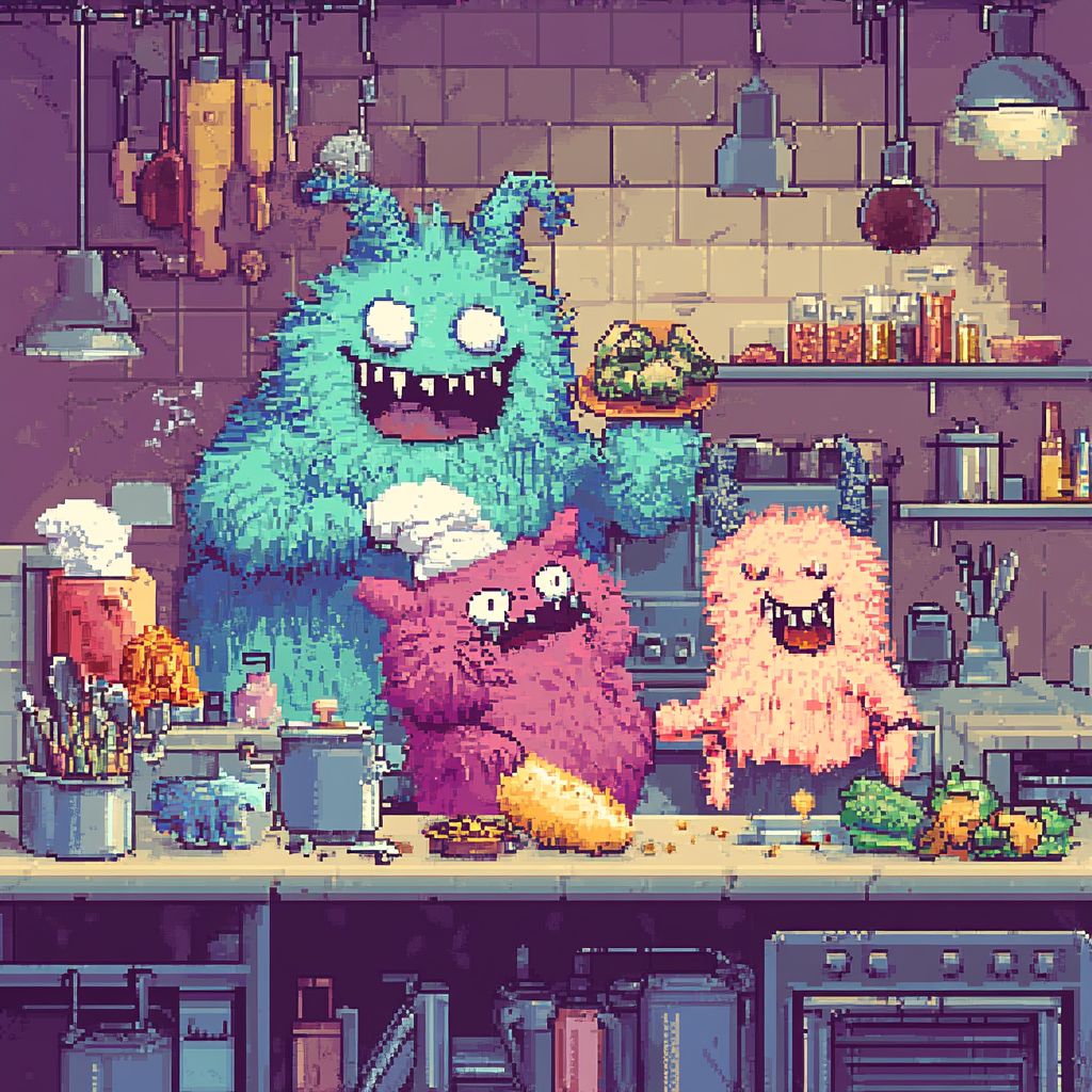 Furry monster chefs in pixel art kitchen game.