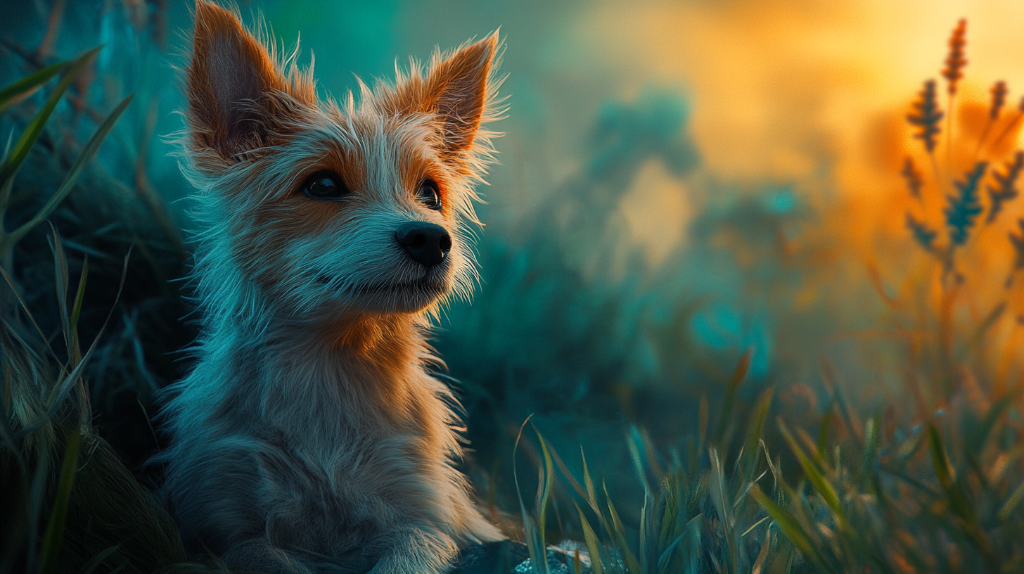 Furry mythical dog companion with bright colors in fantasy.