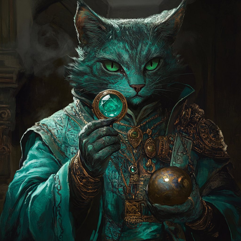 Furry tabaxi wearing jade robe, examining large emerald.