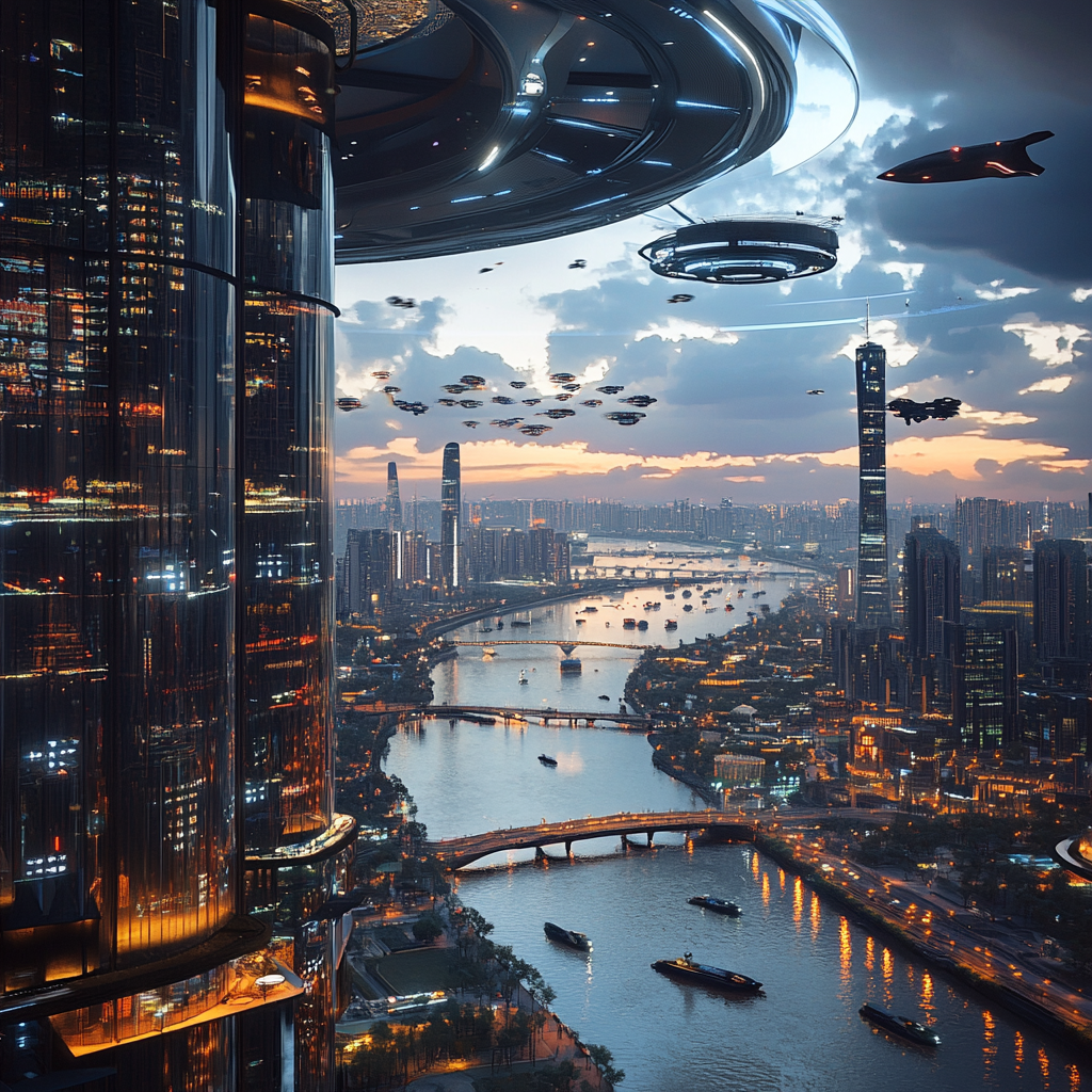 Future Beijing City: 7000s Realistic 3D Rendering with Flying People and Cars