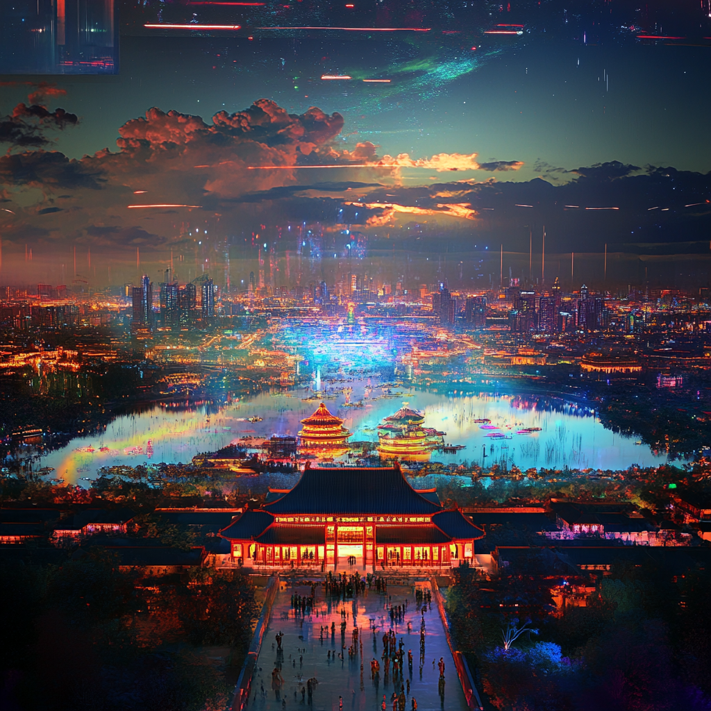 Future Beijing: 7000s Palace City Lights 3D Render