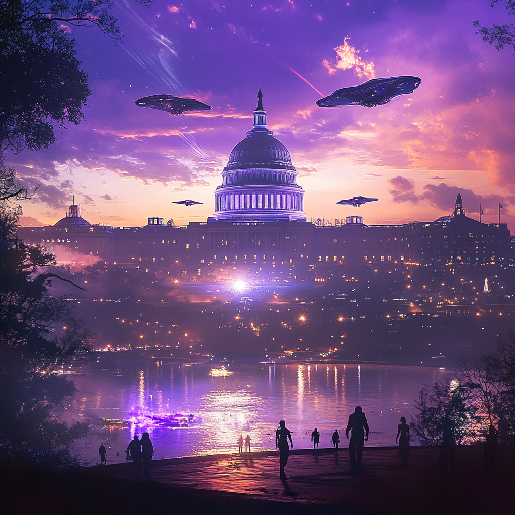 Future Washington City: 7000s Castle 3D Rendering & Flying People