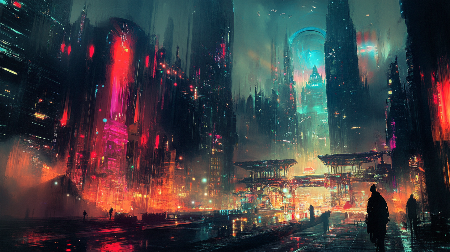 Future city with Greek architecture and cyberpunk elements.