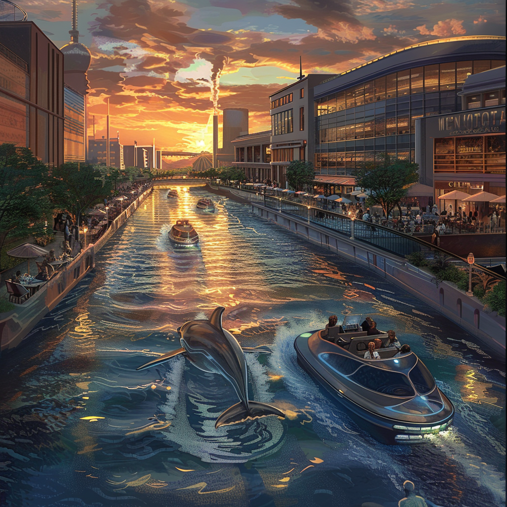 Future city with water taxis, dolphins, people, vibrant atmosphere