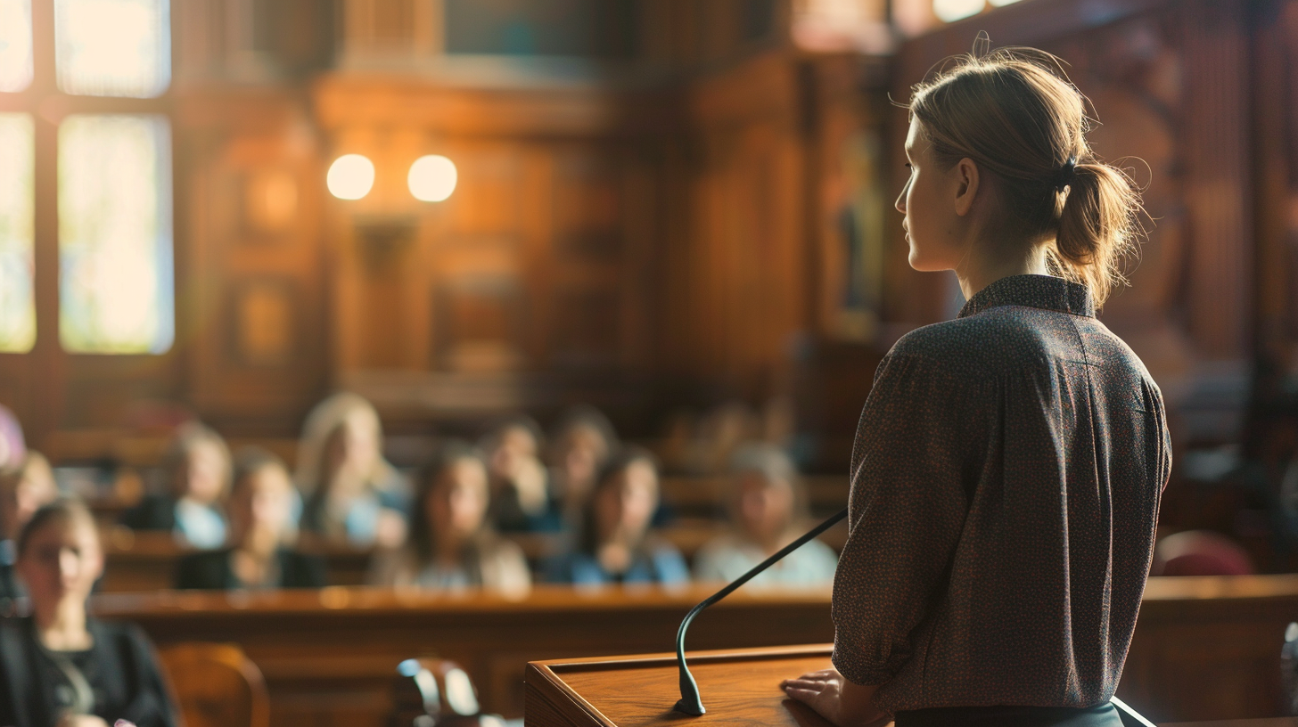 Future educator practicing presentation in courtroom, with legal audience.