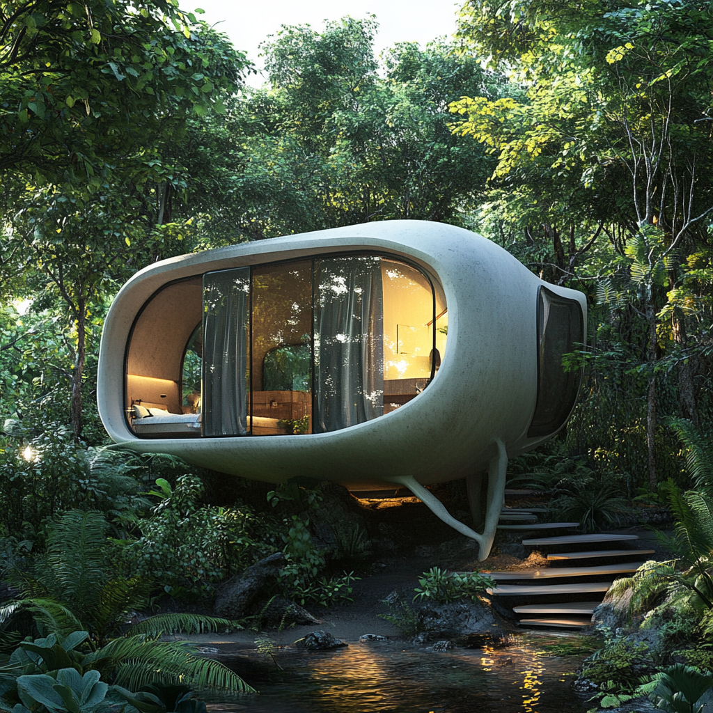 Future tiny house in jungle, budget-friendly, unique shape.