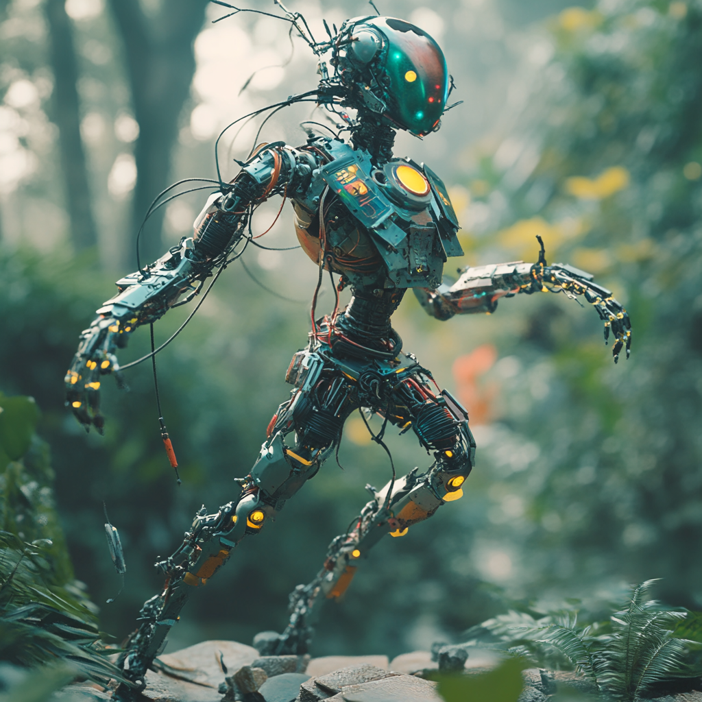 Futurist Dancing Robotic Elf in Bioluminescent Forest