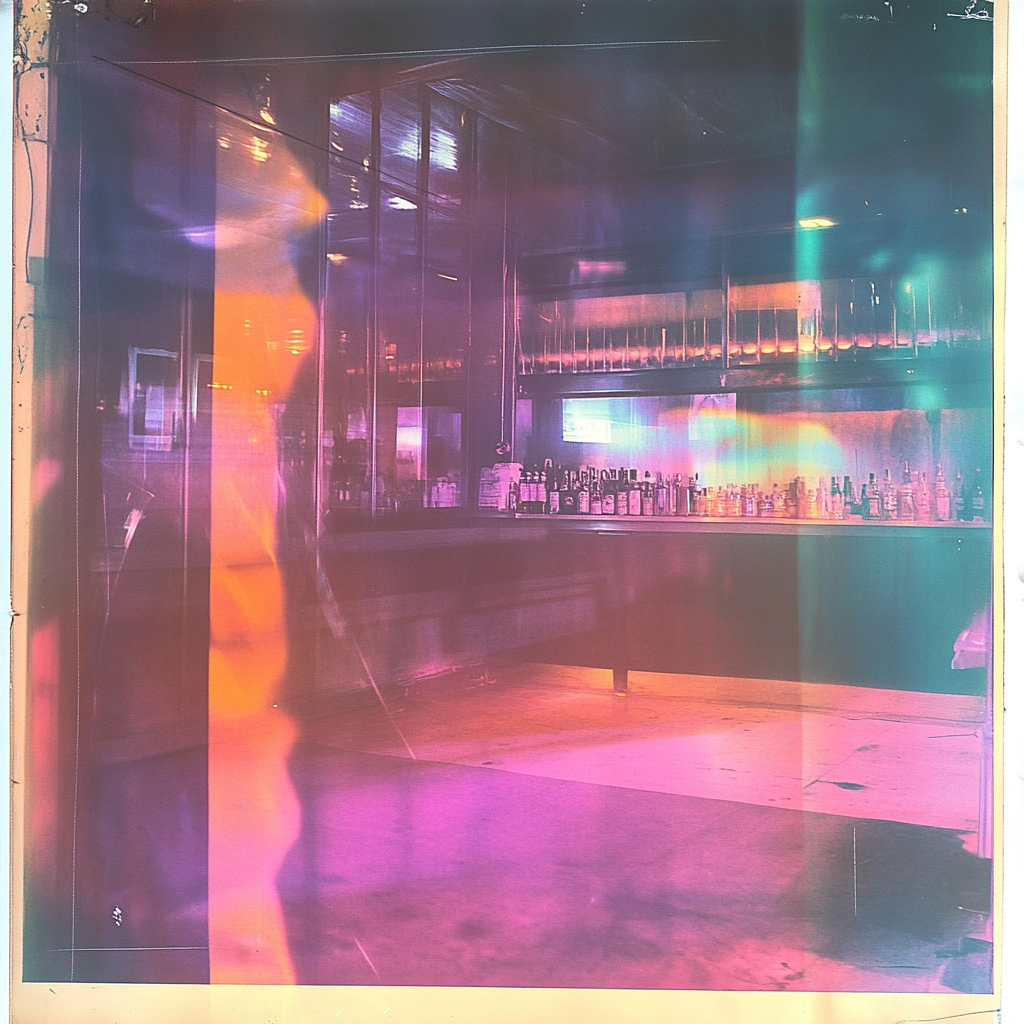 Futuristic 1960's Polaroid of funky party at bar.