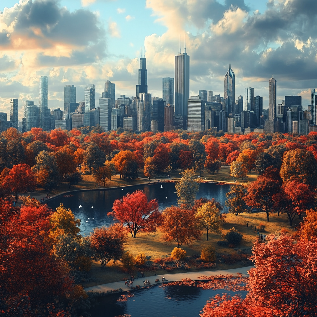 Futuristic 3D Chicago Cityscape with Autumn Trees