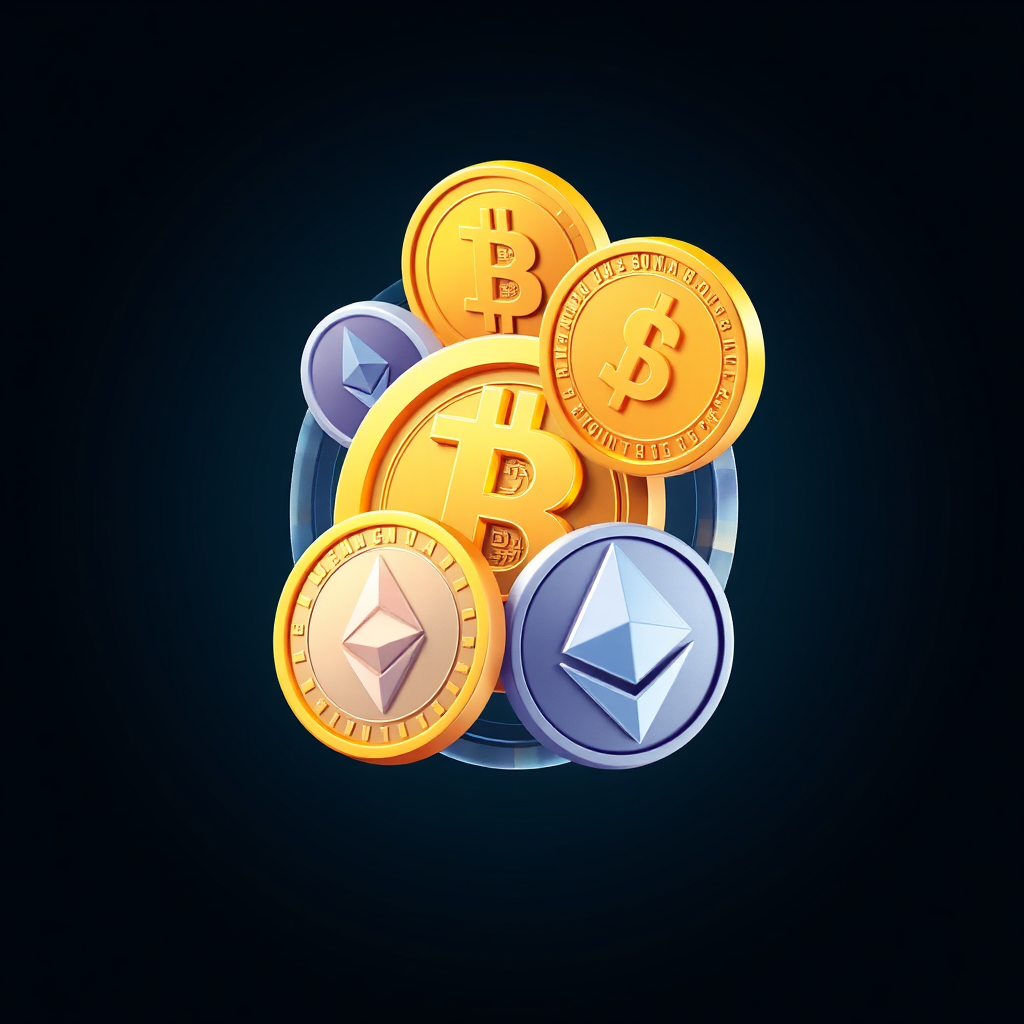 Futuristic 3D cryptocurrency icons of Bitcoin and Ethereum.