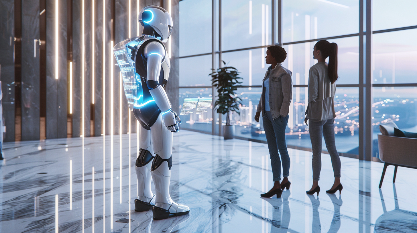 Futuristic AI Call Bot Assisting Couple in Luxurious Office