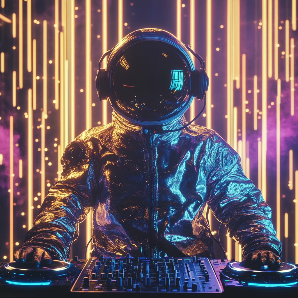 Futuristic Astronaut at Electronic Party with DJ Console