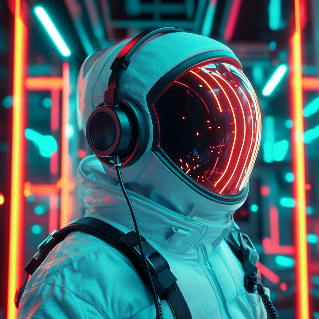 Futuristic Astronaut with Neon Panels, Electronic Party Atmosphere