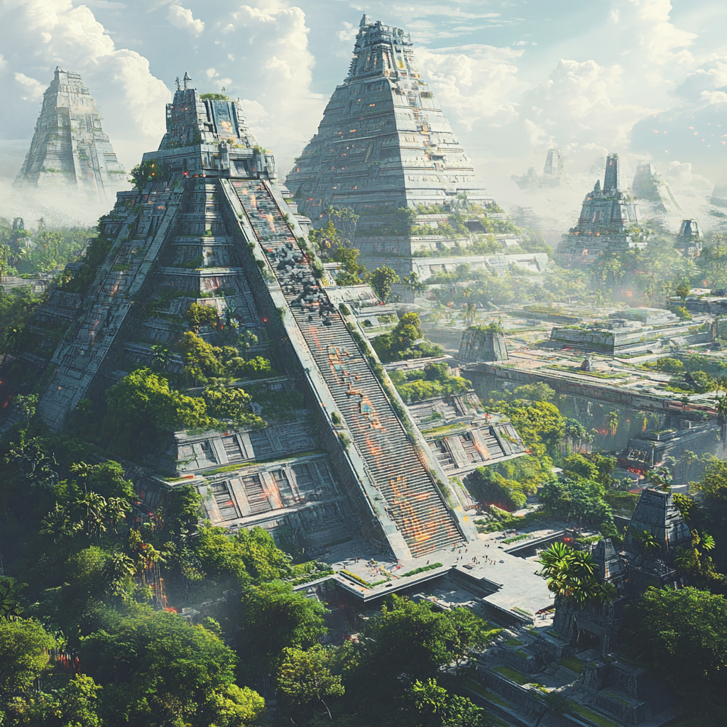 Futuristic Aztec-inspired city with glowing glyphs and jungle integration.