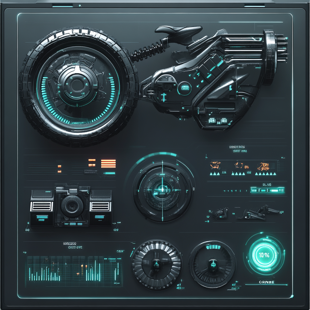 Futuristic Bike Transformer Panel: Tires, Brakes, Progress Bars