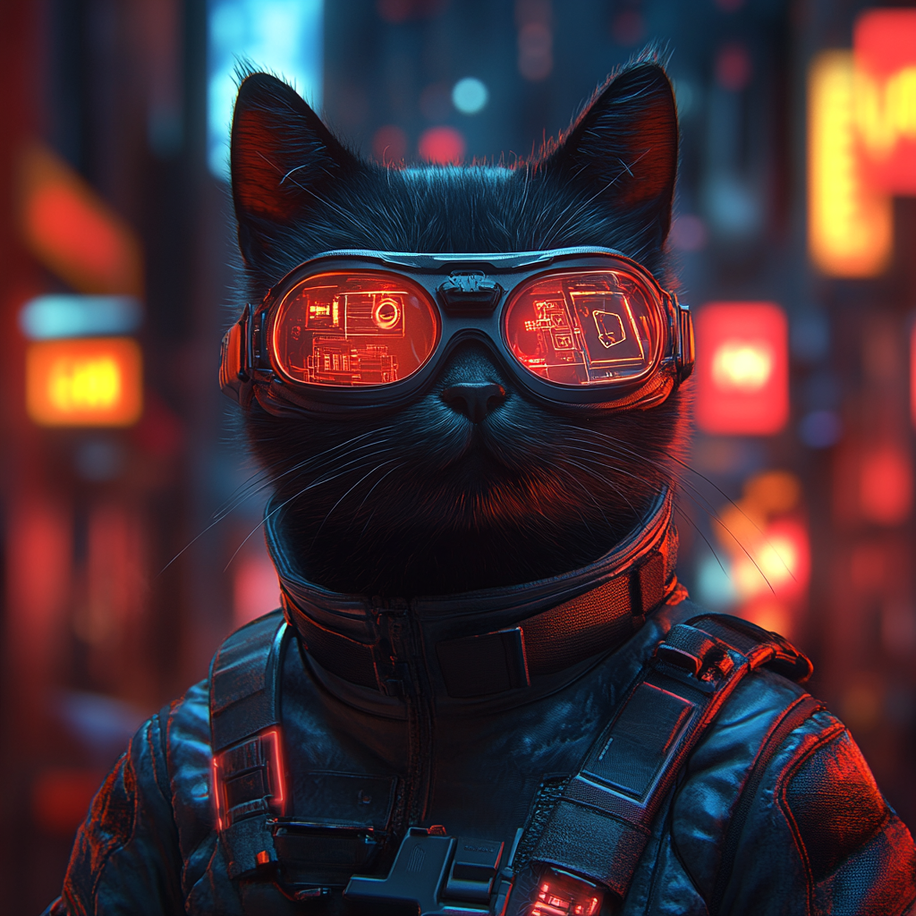 Futuristic Black Cat in Holographic Cityscape - 3D Cartoon