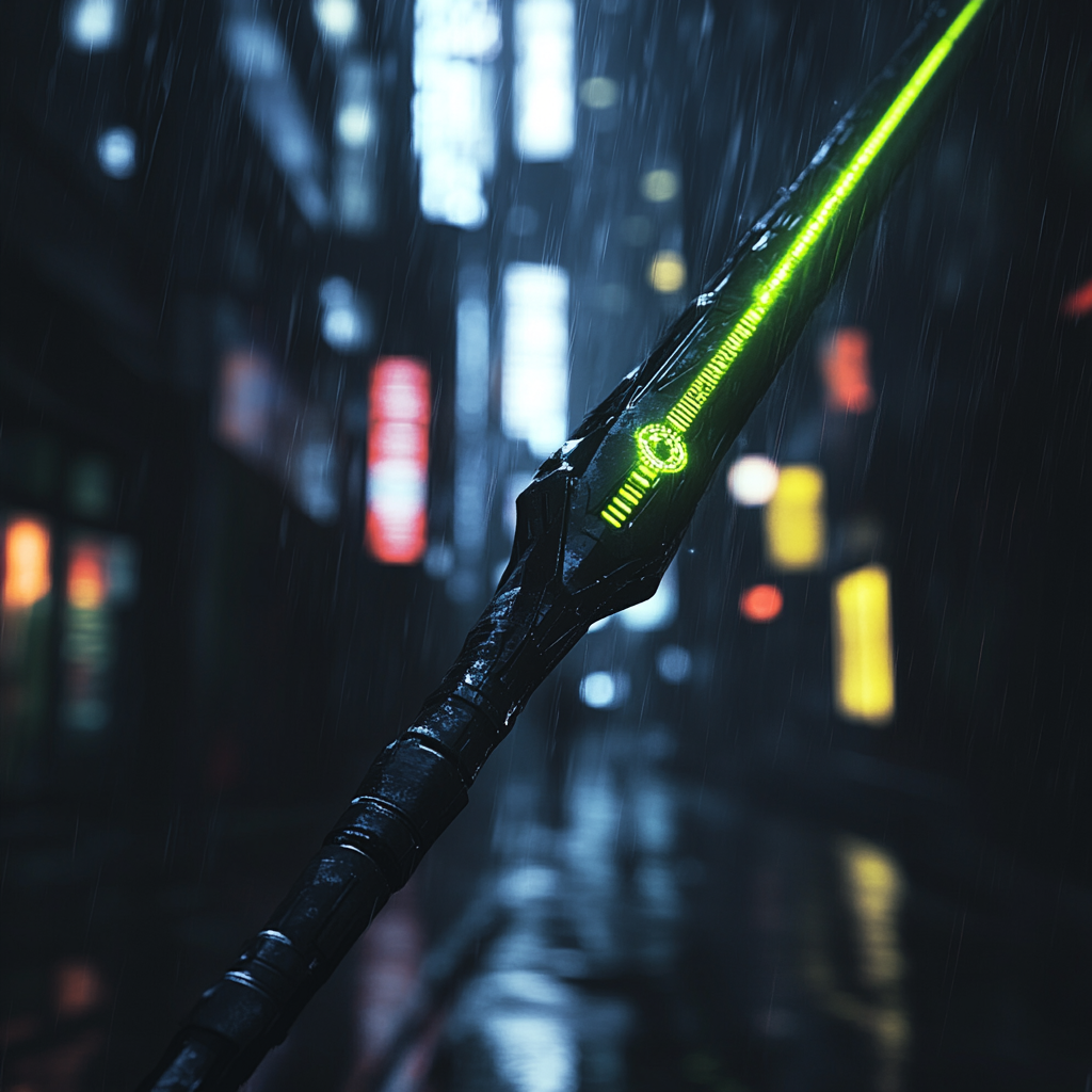 Futuristic Black Spear Glowing Green in Neon City