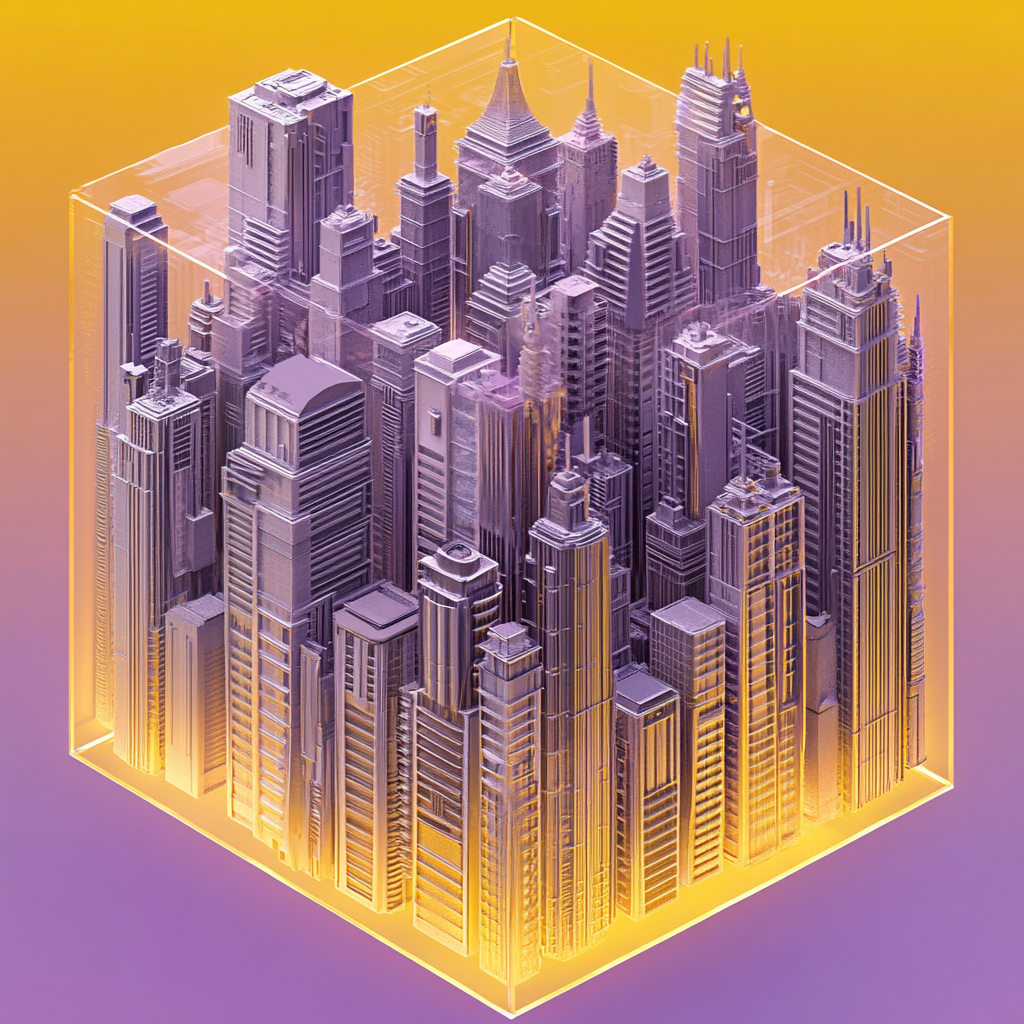 Futuristic Buildings in Colorful Transparent Cube