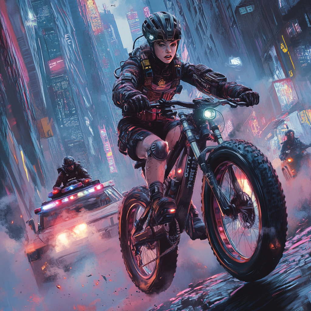 Futuristic Chase: Cyberpunk Cyclist vs High-Tech Police