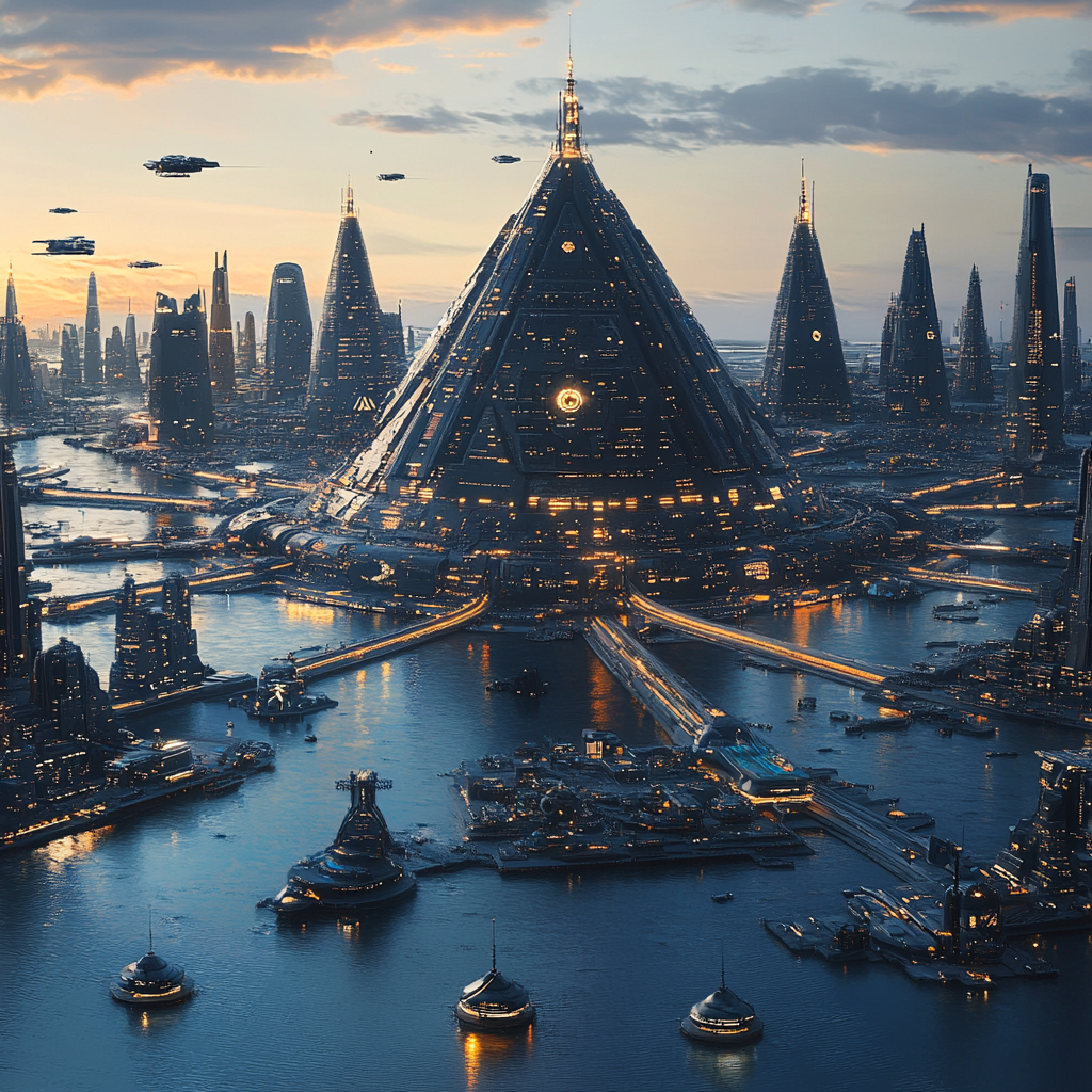 Futuristic City with Pyramid and Flying Vehicles