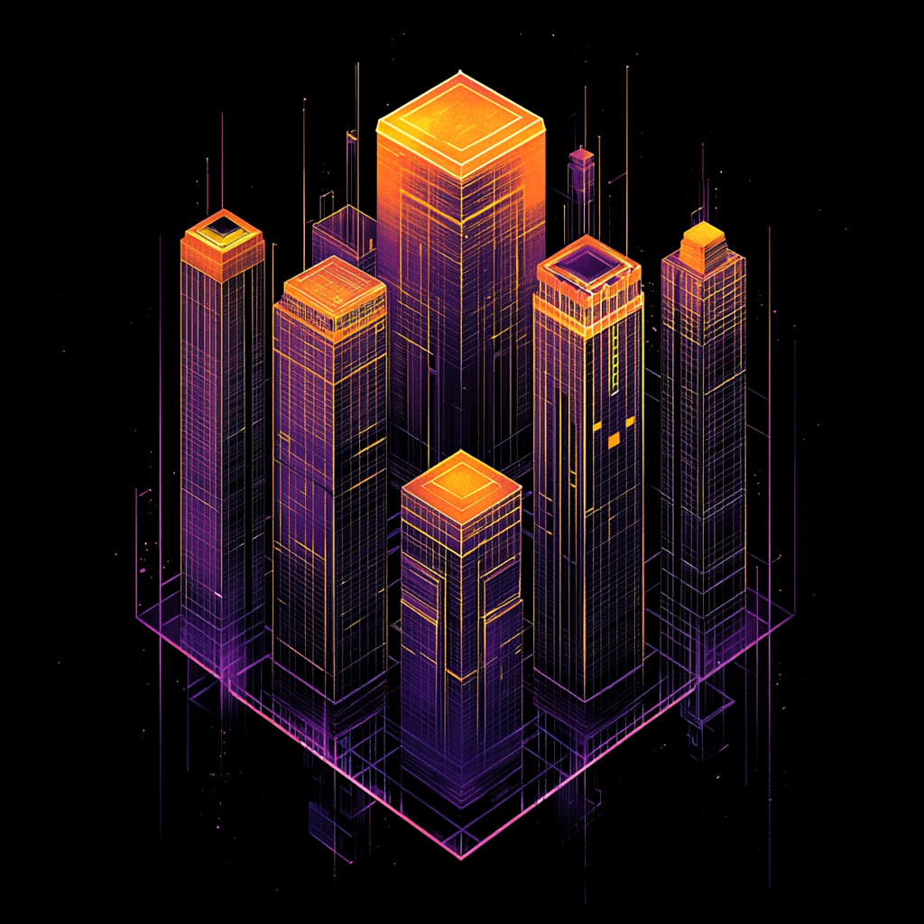 Futuristic Cityscape in Gradient Cube at Night