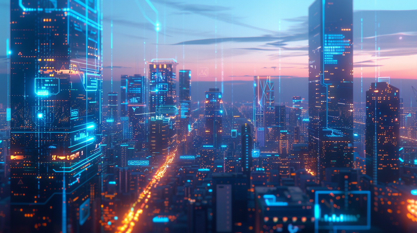 Futuristic Cityscape with Glowing AI Circuits 