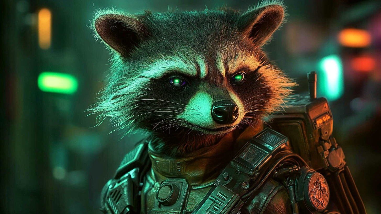 Futuristic Cyborg Raccoon in Green Neon Light