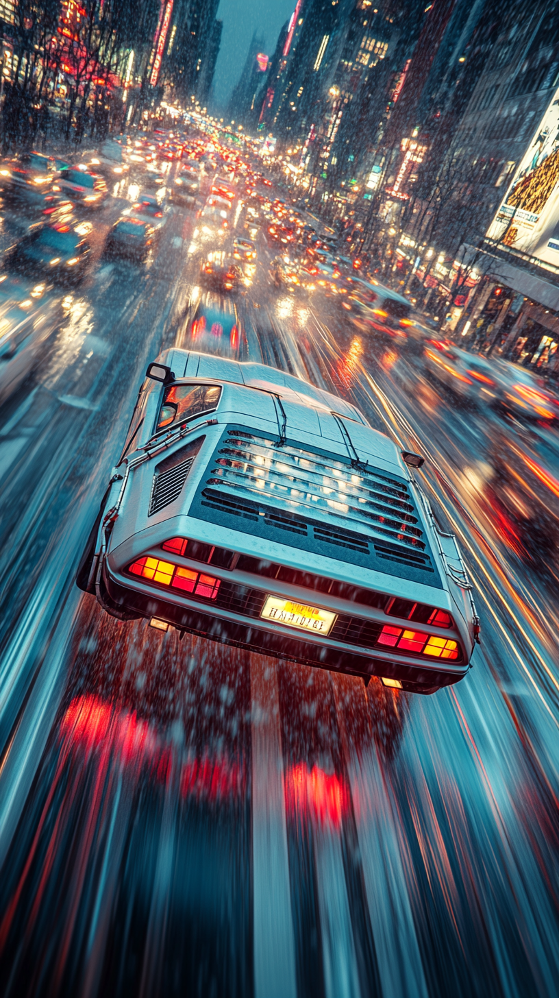 Futuristic DeLorean spaceship soaring over city at twilight.