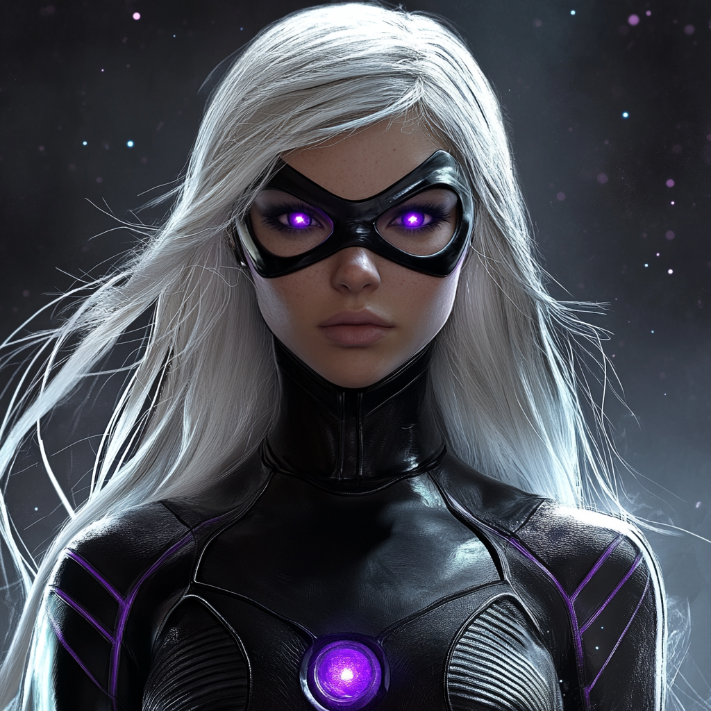 Futuristic Female Superhero in Black and Purple Costume 