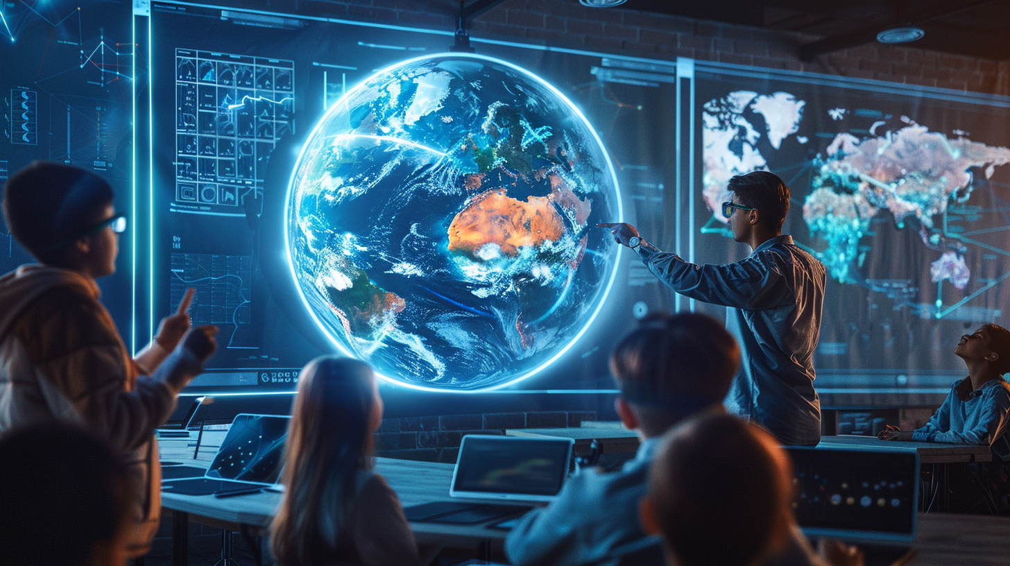 Futuristic Geography Classroom with Holographic Globe and Interactive Maps