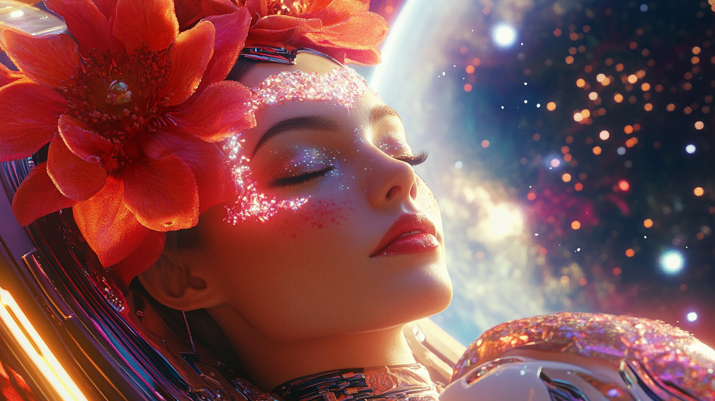 Futuristic Goddess with Red Flower on Venus Throne