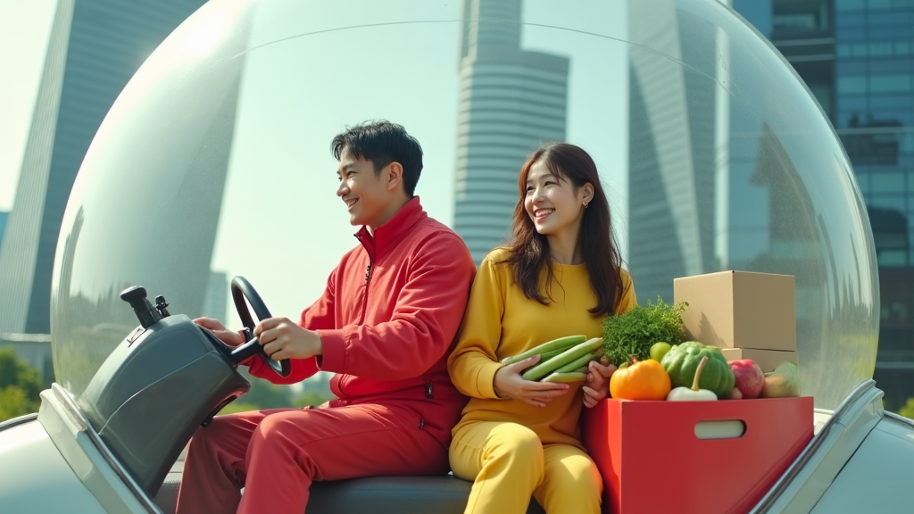 Futuristic Japanese Couple in Spaceship with Fruit