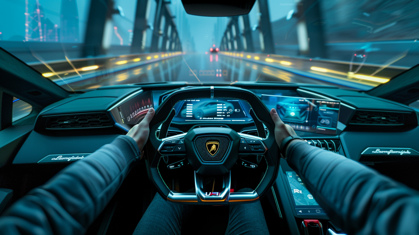 Futuristic Lamborghini Urus with Digital Screen, Driver on Bridge