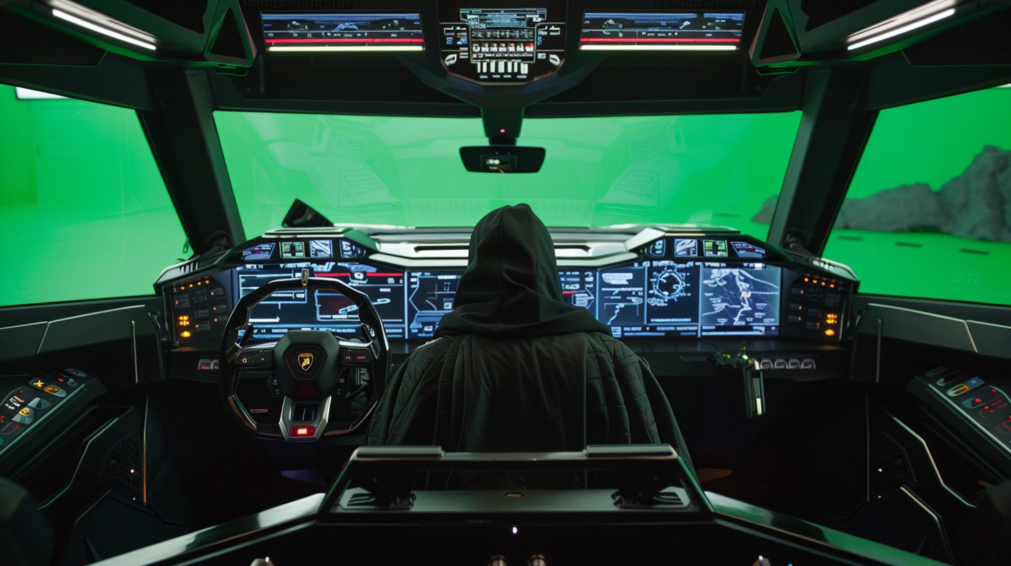 Futuristic Lamborghini cockpit with pilot in black cape.