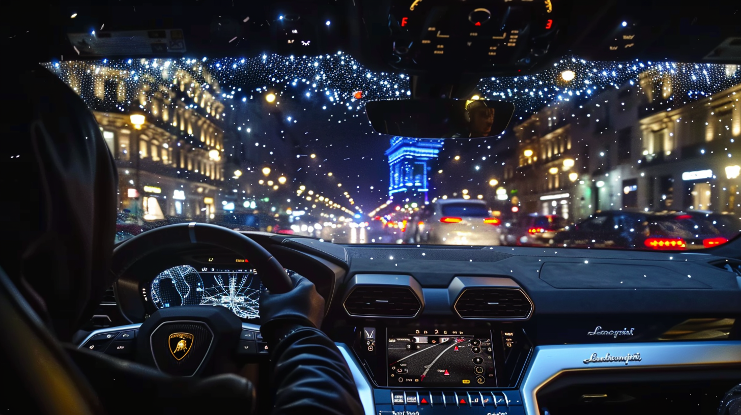 Futuristic Lamborghini with Man in Black Cape on Champs Elysées in Paris at Night