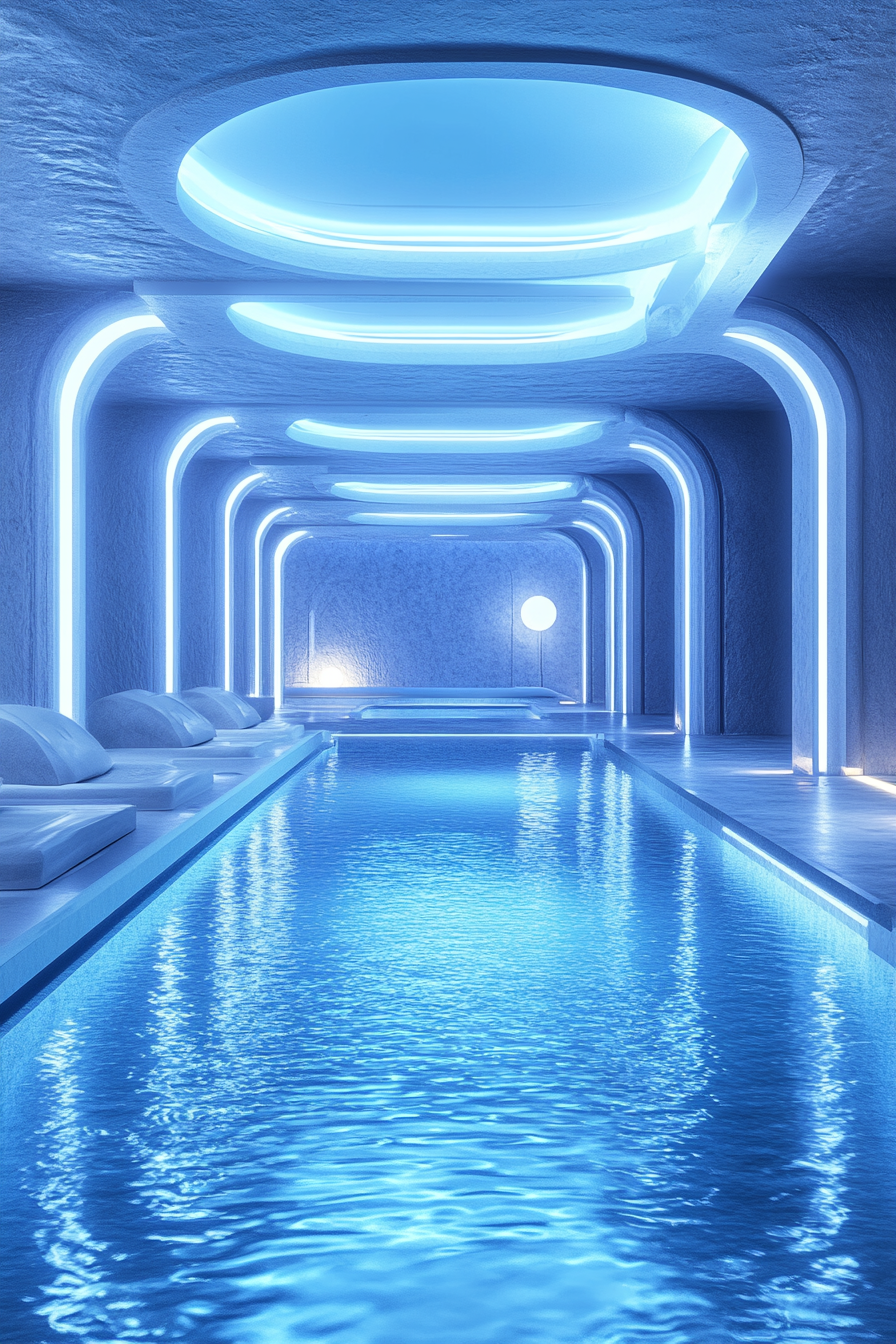 Futuristic Pool with Blue Neon Lighting and Anime Aesthetic