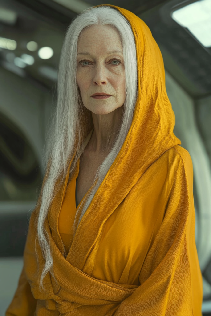 Futuristic Sci-Fi Portrait of Mature Woman, Orange Skin