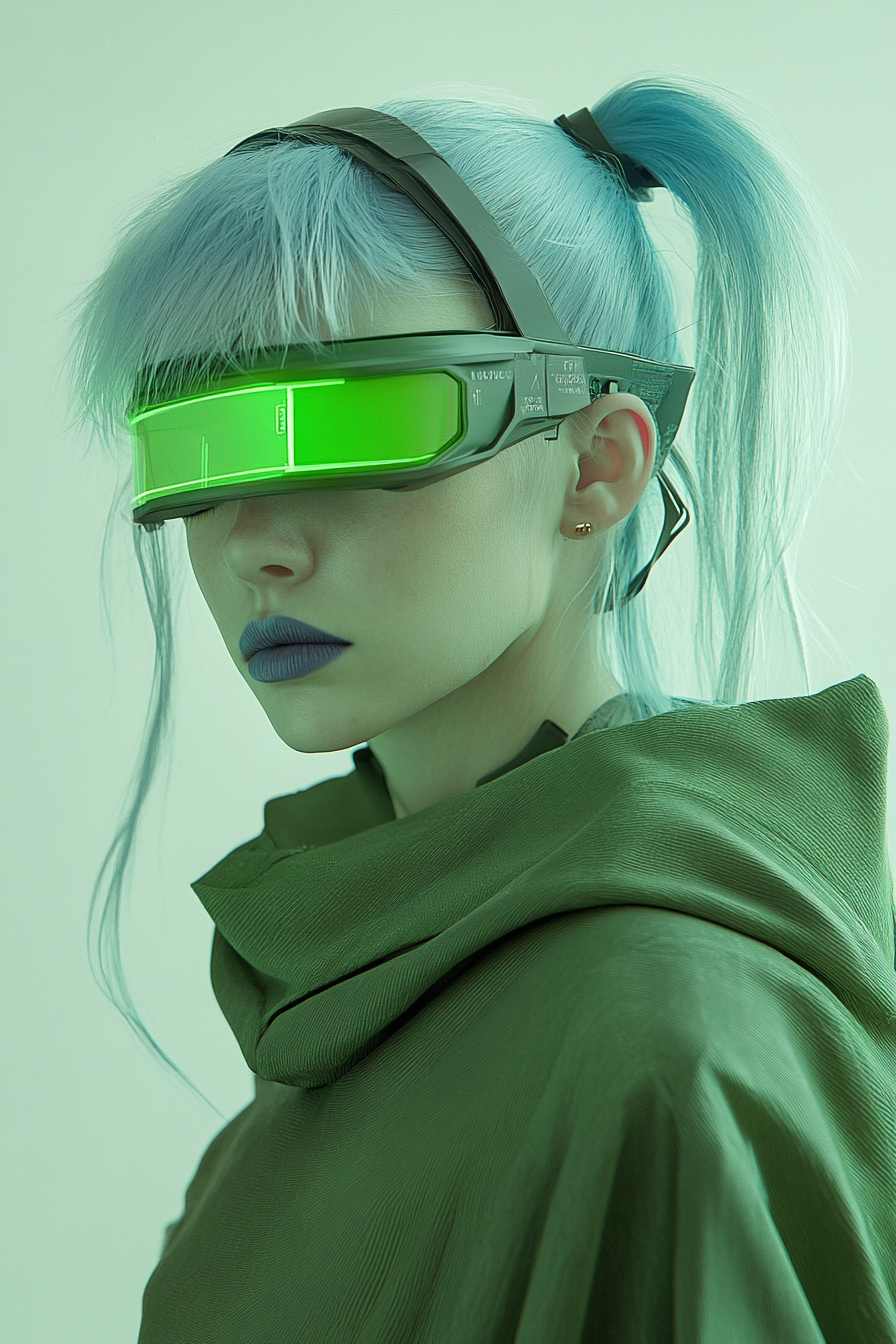 Futuristic Sci-Fi Woman Portrait, Powder Blue Hair, Green Robe