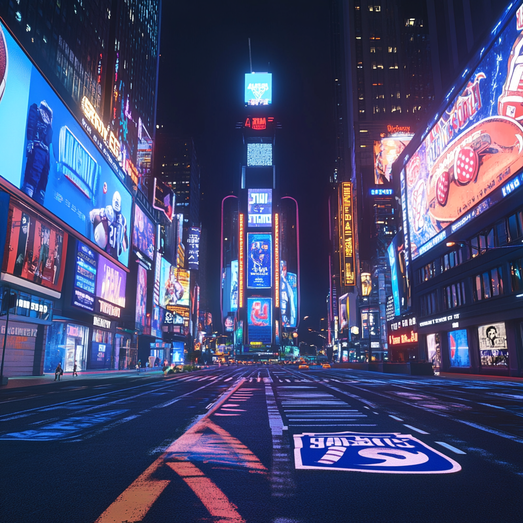 Futuristic Times Square with football billboards, no cars.