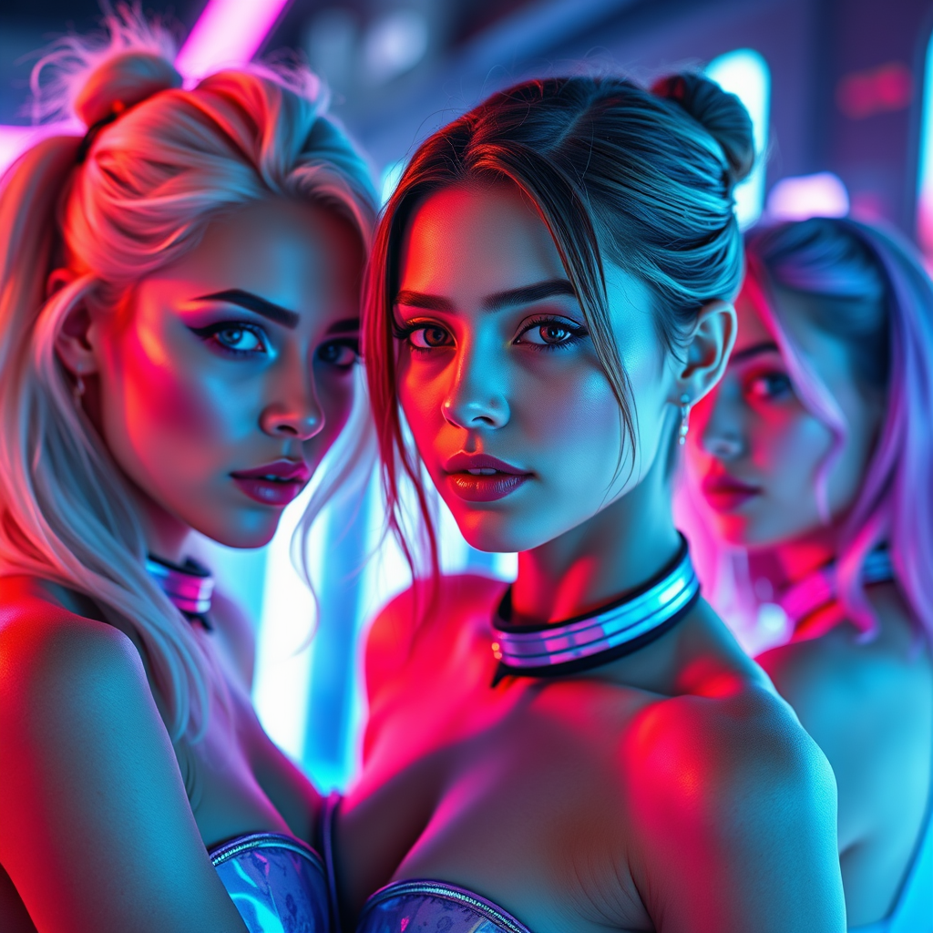 Futuristic Women in Vibrant Neon Light Setting