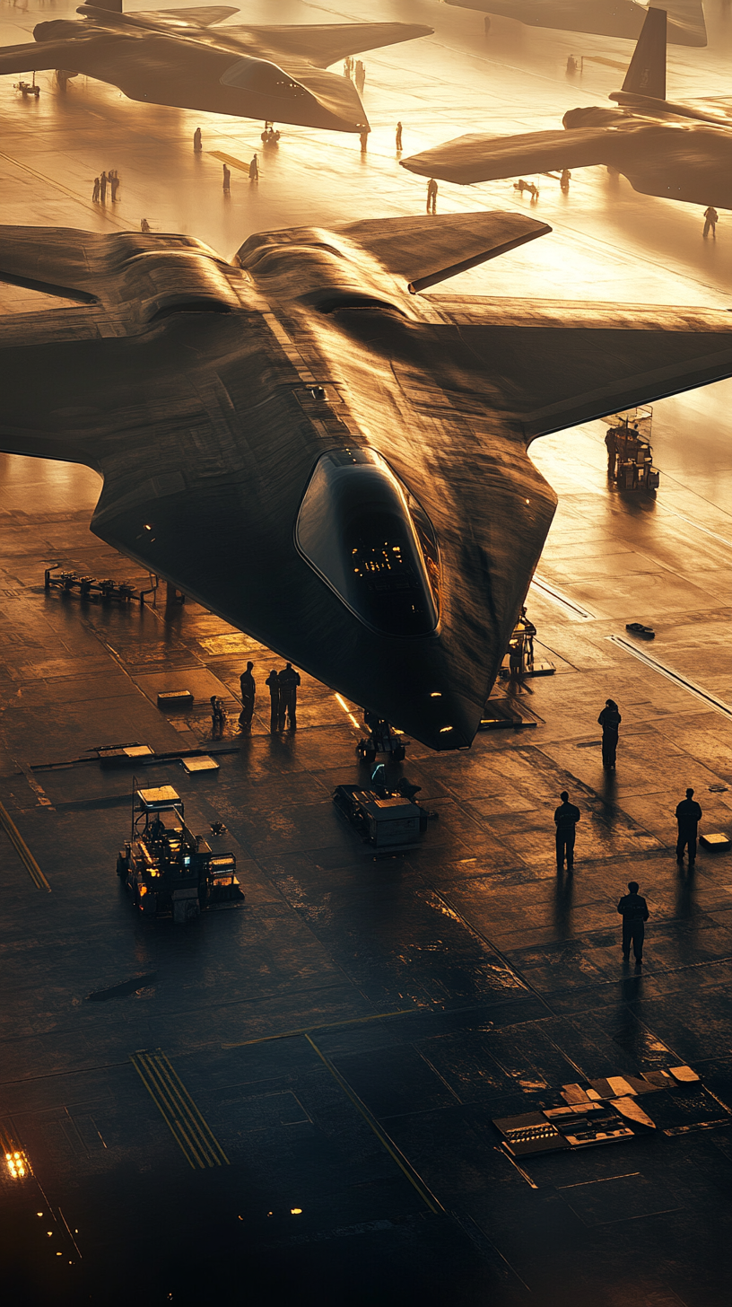 Futuristic airbase with B-21 Raiders being prepped. Hyper-realistic.