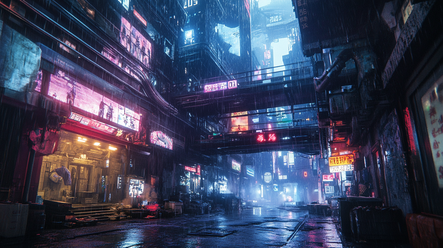 Futuristic alley at night with neon lights from billboards.