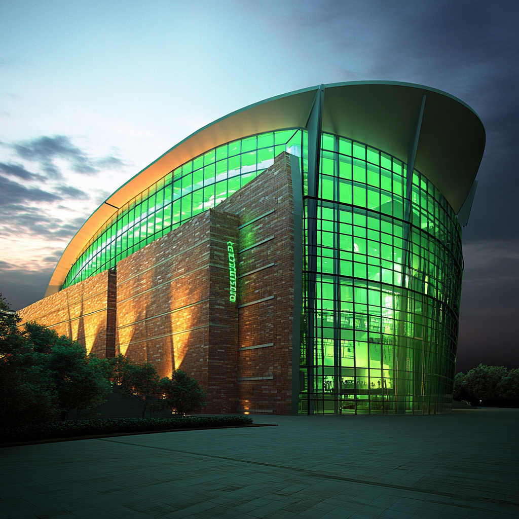 Futuristic arena with metal panels and glass atrium